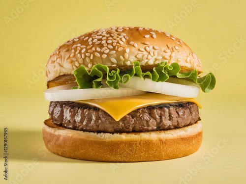 An onion and bacon cheeseburger against a yellow backdrop.
