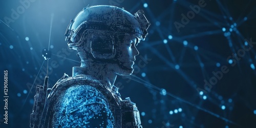 Digital soldier rendered in circuit patterns against abstract network background