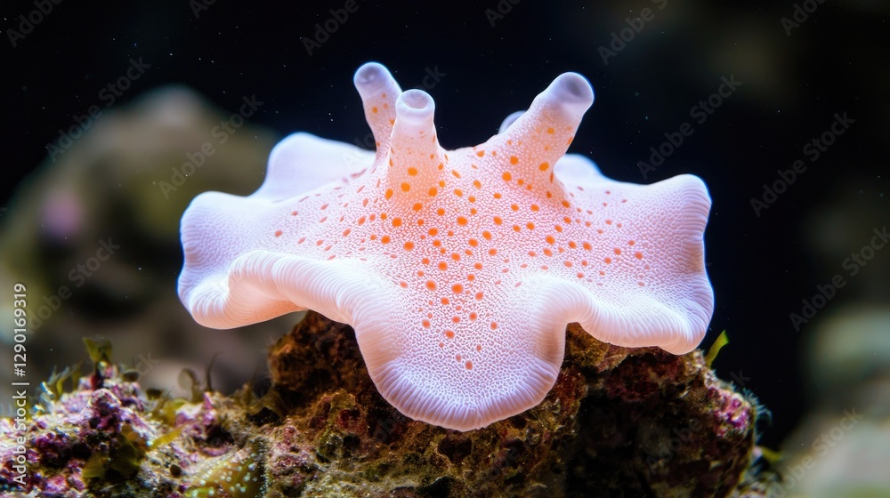 Pink sea slug on coral reef, aquarium background Pink sea slug on coral reef, aquarium background