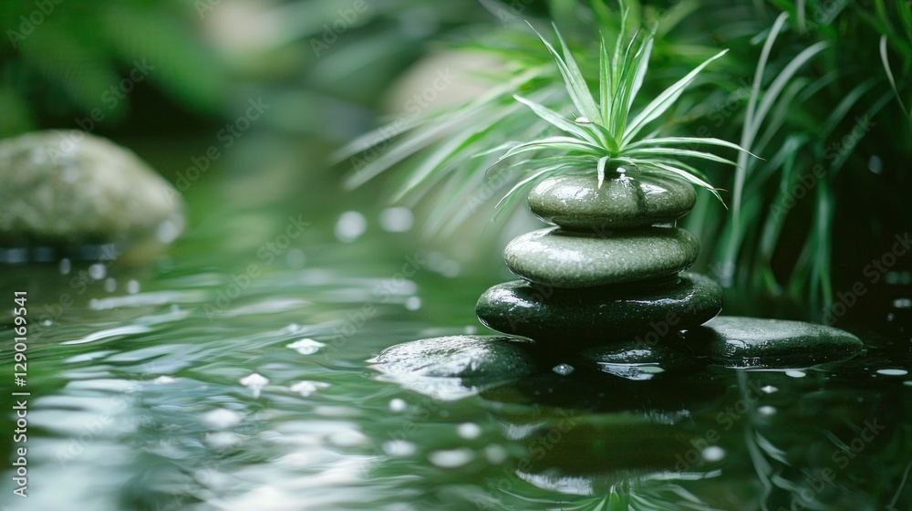 Naklejka premium Serene zen garden with stacked stones and vibrant green foliage reflecting in tranquil water creating a peaceful and meditative atmosphere