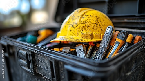 A yellow safety helmet placed neatly inside a black toolbox filled with tools