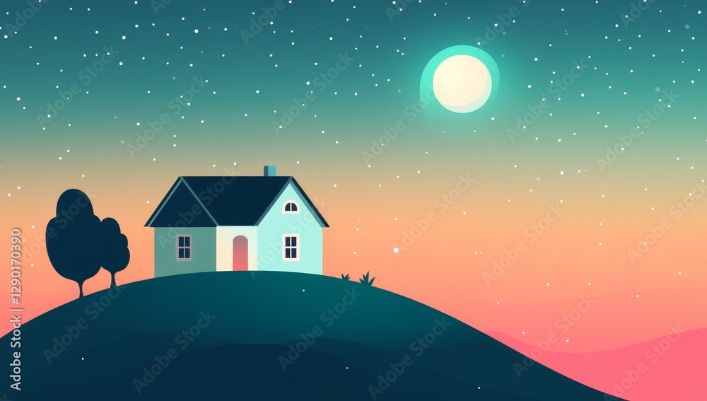 Fototapeta premium Peaceful hillside house at night