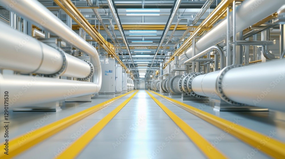 Fototapeta premium Futuristic industrial interior with metal pipes, vibrant yellow lines, and high-tech architecture in modern factory.