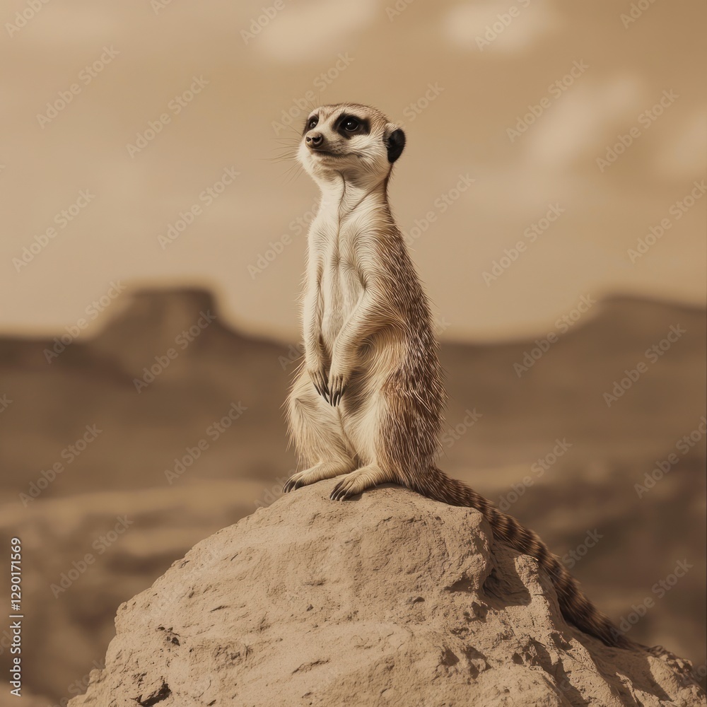 Fototapeta premium Alert meerkat stands tall on sandy mound in sepia tones watchful gaze desert landscape animal portrait