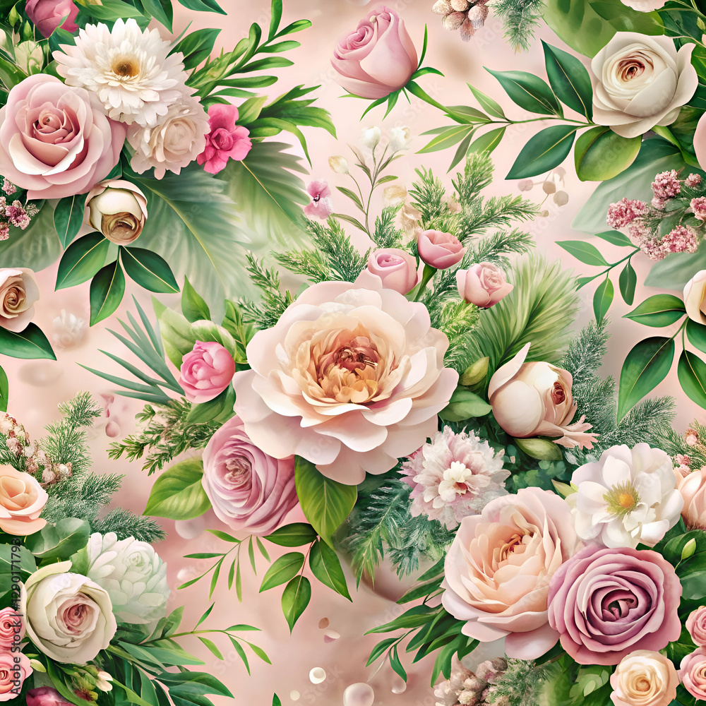 Beautiful Pink Roses Floral Pattern. Romantic Flower Wallpaper