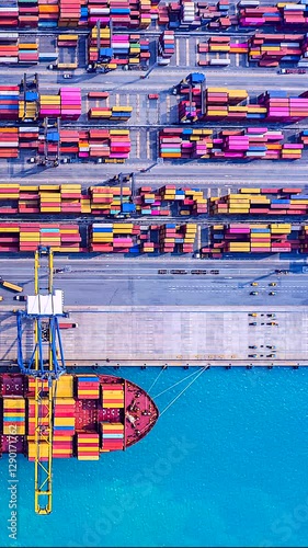 Time lapse of cranes loading and unloading containers from a cargo ship at a deep-sea port. Vertical clip.