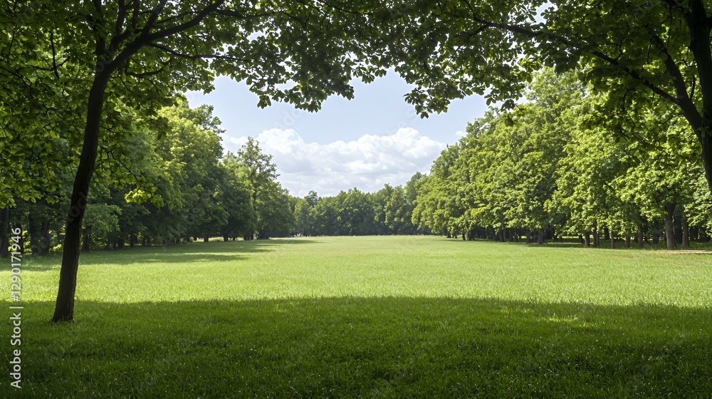 Sunlit Green Park Landscape with Lush Trees and Grassy Field Sunlit Green Park Landscape with Lush Trees and Grassy Field