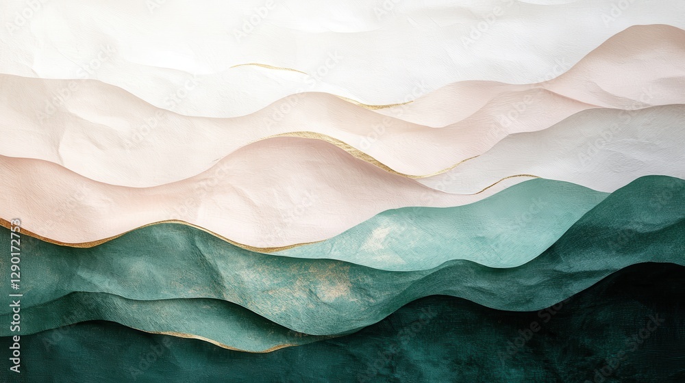 Obraz premium Abstract Artistic Waves in Soft Pastel and Green Tones with Gold Accents for Modern Interior Design and Creative Projects