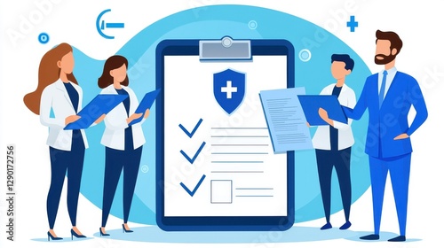 Social Security Benefits and Healthcare. Healthcare professionals discussing patient documents and checklists.