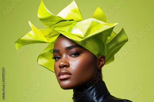 Elegant african woman wearing avant garde neon green headpiece against vibrant monochromatic background