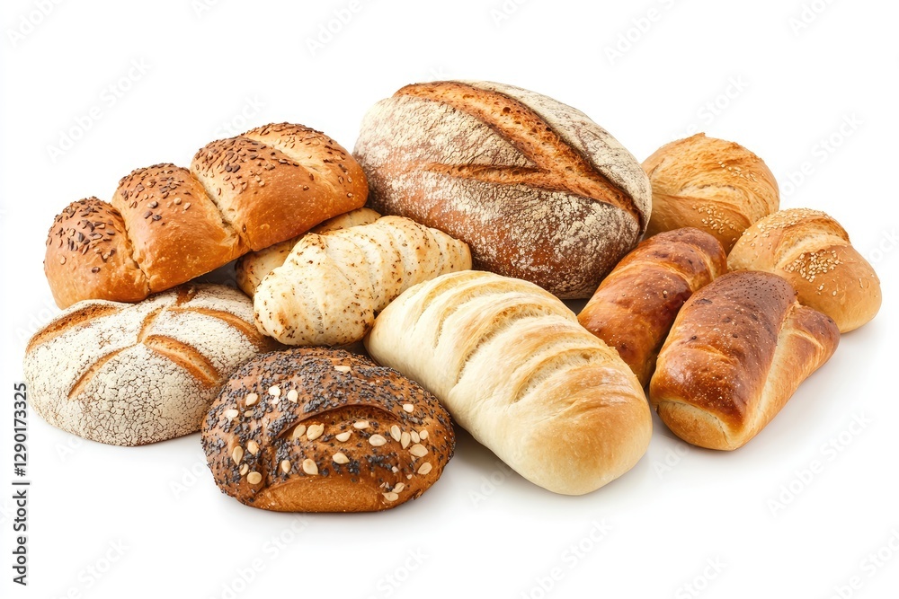 Various Freshly Baked Loaves of Bread Arranged on a White Background Various Freshly Baked Loaves of Bread Arranged on a White Background