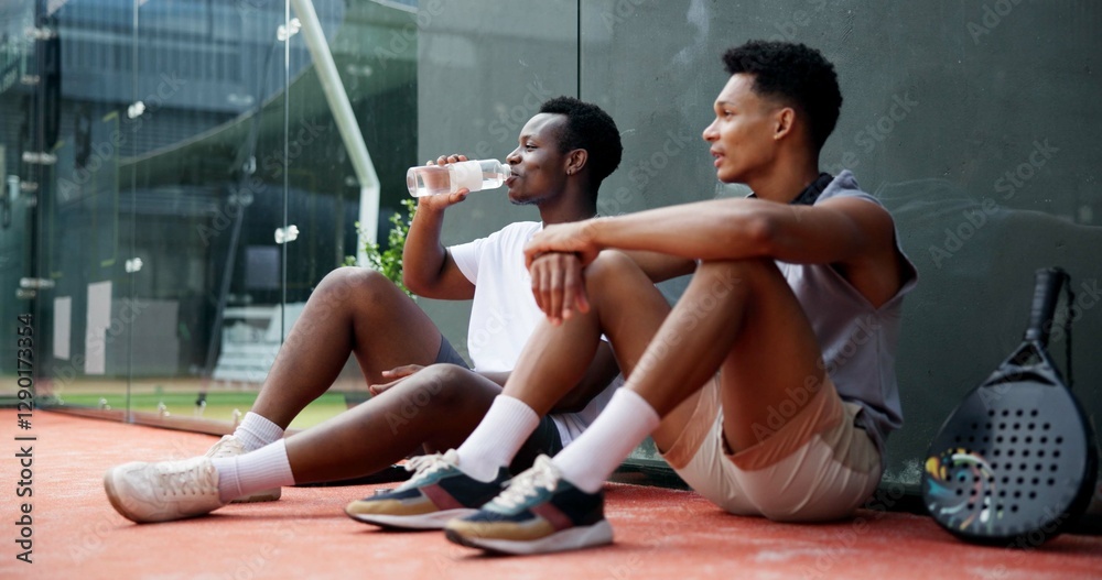 Fototapeta premium Tennis, sports or men with break on court for resting, drinking water or match practice fatigue. Padel, friend or relax at fitness training for tournament recovery, workout burnout or tired on ground