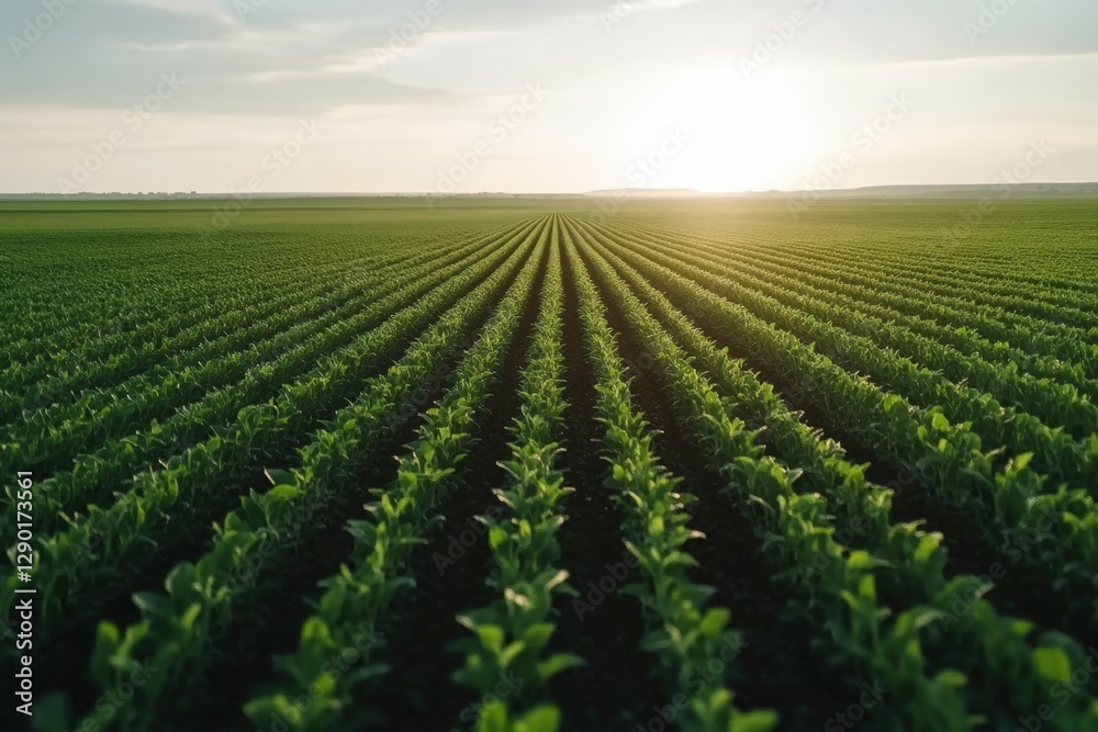 Lush green field at sunset showcases sustainable agriculture, highlighting abundant crop growth and eco-friendly farming practices. Scenic view.