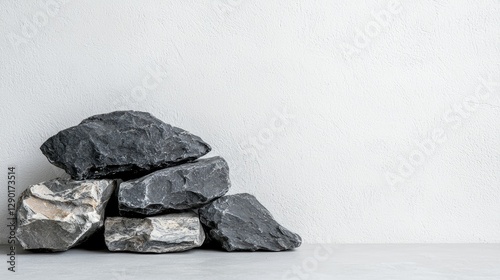 Stack of rocks on gray surface against white wall.  Possible use  Background image for design projects or nature photography photo