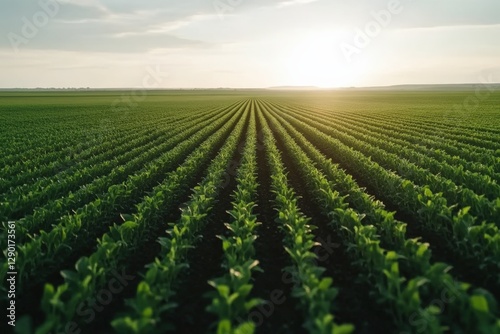 Obraz na płótnie Lush green field at sunset showcases sustainable agriculture, highlighting abundant crop growth and eco-friendly farming practices. Scenic view. w salonie