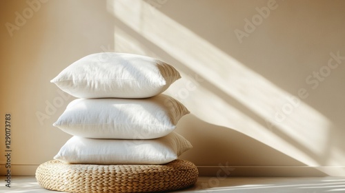 A stack of white pillows on a woven podium with a light colored wall on the background. Minimalist modern style interior.