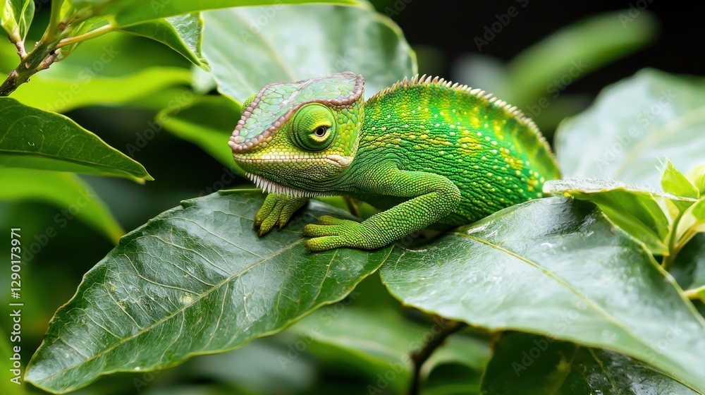 Vibrant chameleon resting on lush green leaf in tropical forest showcasing nature close up and exotic wildlife Vibrant chameleon resting on lush green leaf in tropical forest showcasing nature close up and exotic wildlife