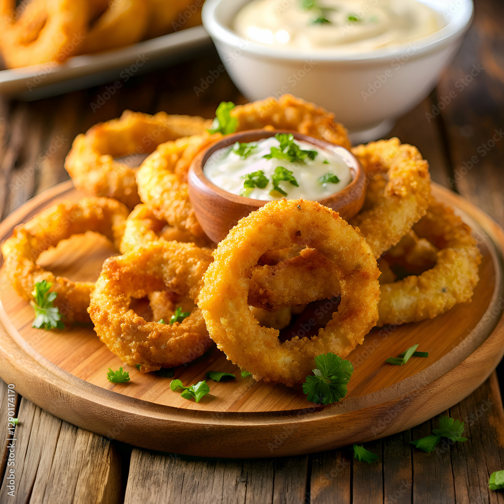 Crispy Onion Rings with Dipping Sauce. Delicious Appetizer Crispy Onion Rings with Dipping Sauce. Delicious Appetizer