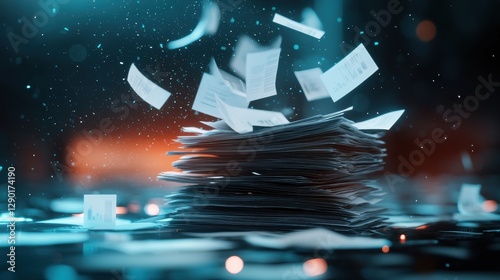 A stack of papers with some flying off, set against a dark background with blue and orange lighting.