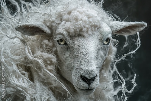 Close up portrait of a sheep with thick white fleece