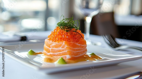 Exquisite Salmon Tower Topped with Vibrant Roe and Delicate Greens on a Pristine White Plate in Soft Light
