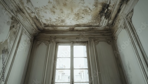 Damaged antique room interior with moldy ceiling and old window photo