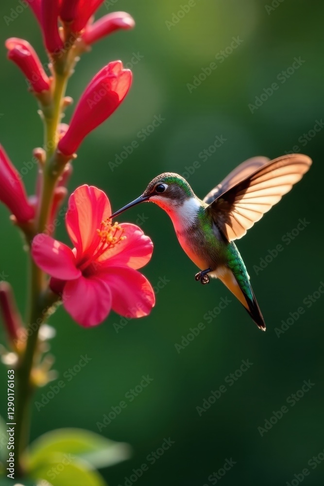 Naklejka premium Hummingbird feeding, blurred wings, red flower detail , soft, motion