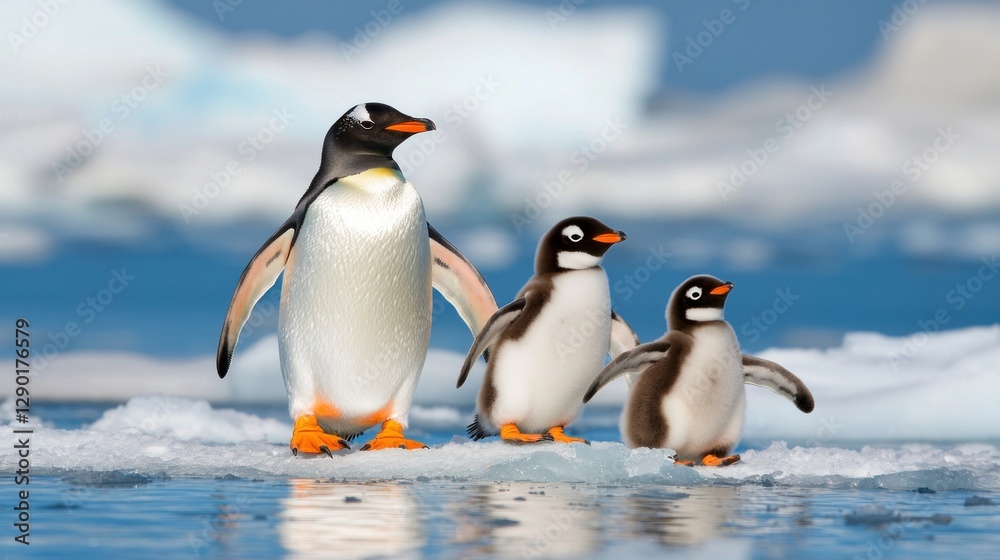 Fototapeta premium Adorable gentoo penguin family standing together on ice floe in antarctica polar region with blue sky