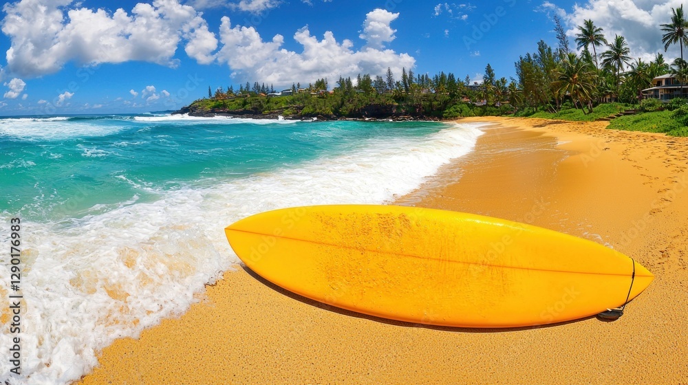 Vibrant yellow surfboard resting on golden sand beach with turquoise waves and tropical island backdrop Vibrant yellow surfboard resting on golden sand beach with turquoise waves and tropical island backdrop
