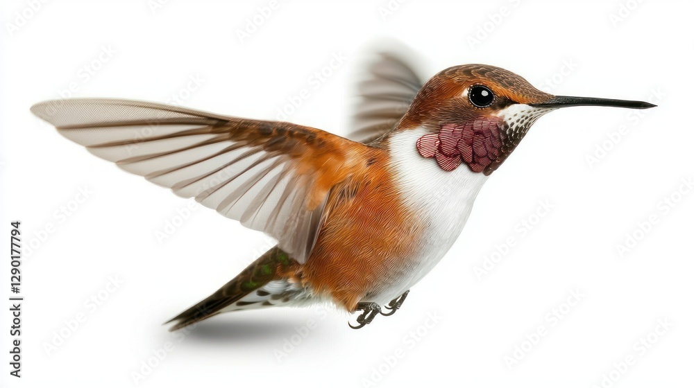 Fototapeta premium Rufous hummingbird in mid flight against a clean white background showcasing its vibrant plumage and dynamic wing motion