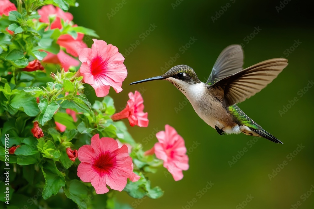 Obraz premium Hummingbird in flight approaching vibrant pink hibiscus blooms in a lush green garden setting with soft natural light and shallow depth of field