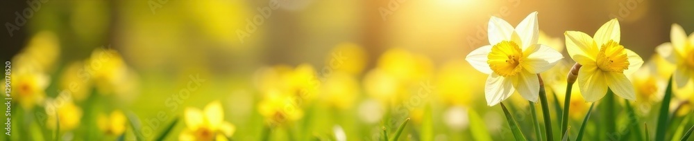Fototapeta premium White & yellow daffodil banner, spring meadow, warm sunlight , botanical, day, closeup