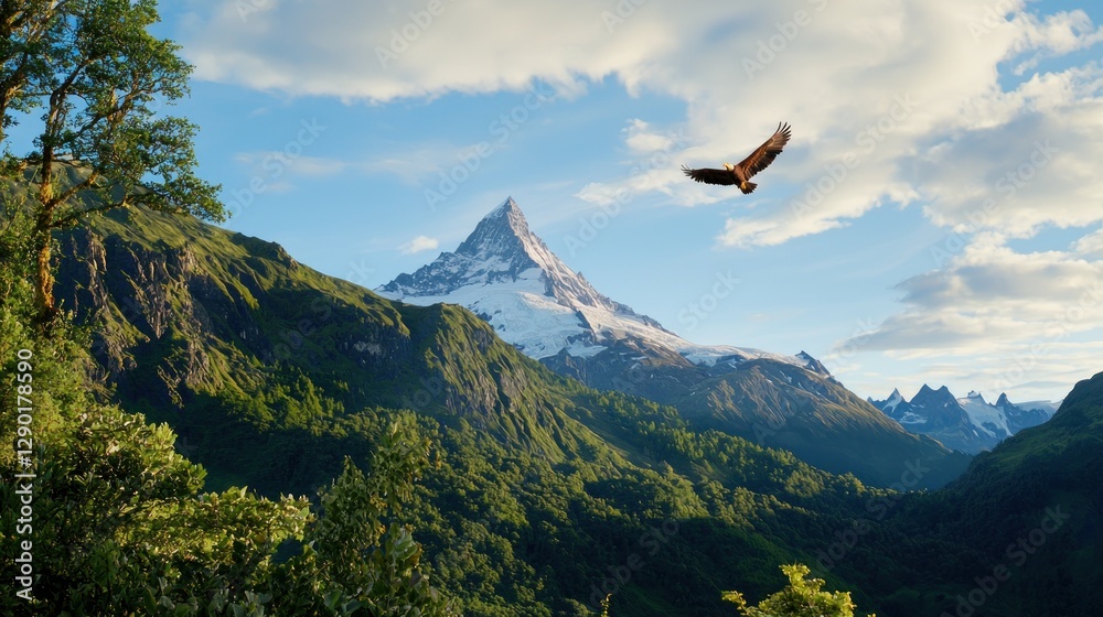 Obraz premium Majestic eagle soars above snow capped mountain peaks amidst lush green valley under a serene sky