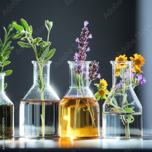 Herbal extracts in lab bottles photo