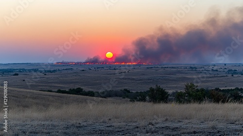 Sunset over wildfire in a flat landscape.