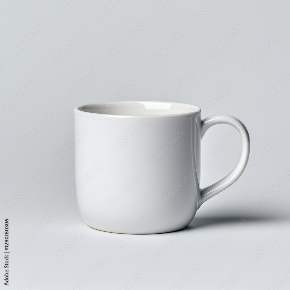 A plain white mug with a smooth finish, placed against a neutral background, ideal for various beverages.