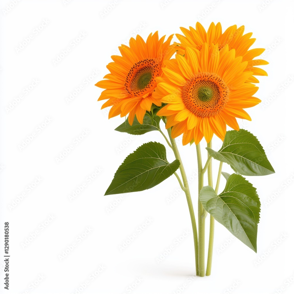 Obraz premium A vibrant bouquet of sunflowers with bright yellow petals and green leaves, symbolizing joy and warmth.