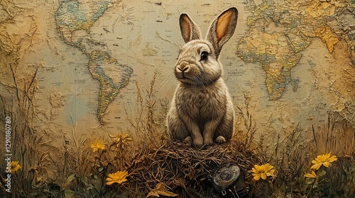 Portrait of a rabbit sitting on a nest against map background