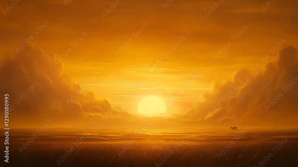 Obraz premium Golden sunset over calm water and field.