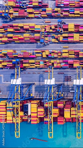 Time lapse of cranes loading and unloading containers from a cargo ship at a deep-sea port. Vertical clip.