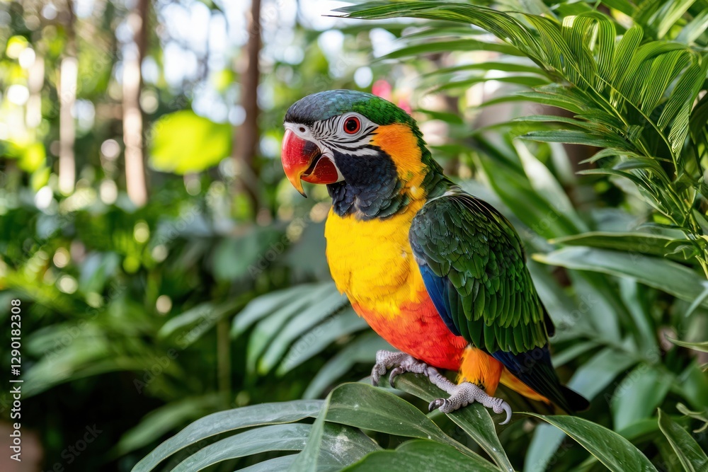 Obraz premium Vibrant jandaya parakeet perched among lush foliage a tropical avian portrait showcasing vivid plumage and captivating gaze in natural habitat