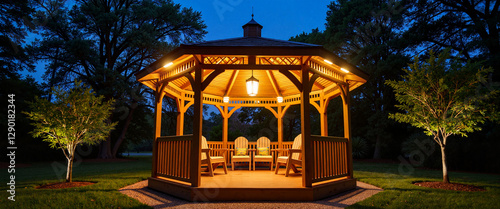 Inviting gazebo illuminated at night in peaceful park setting, tranquility