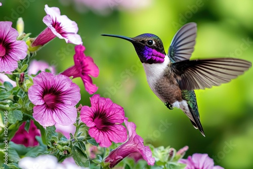 Hummingbird in flight near pink petunia flowers with green background in a garden setting