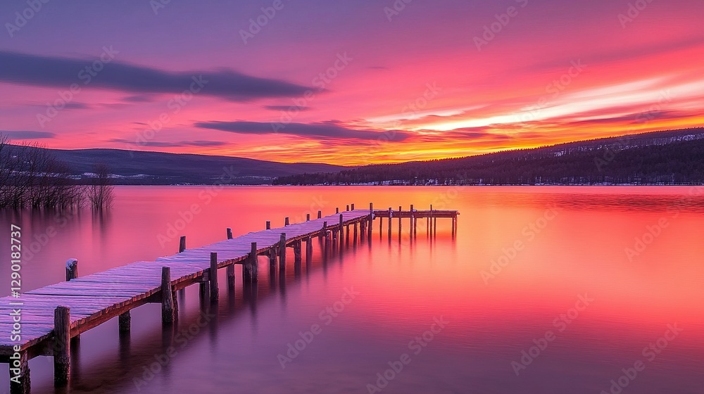 Wooden Pier Extends Over Calm Water Beneath a Colorful Sunset Sky Wooden Pier Extends Over Calm Water Beneath a Colorful Sunset Sky