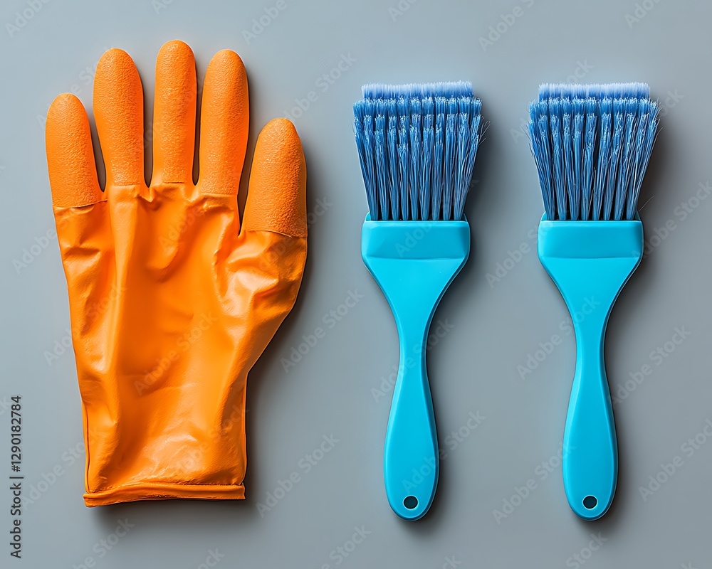 Cleaning Glove and Brushes on Gray Background Cleaning Glove and Brushes on Gray Background