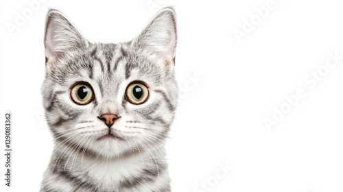 Silver tabby British shorthair cat gazes intently, capturing pure feline elegance and focus.
