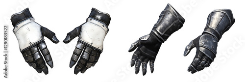 Two pairs of medieval-style gauntlets showcased against a neutral backdrop in a studio setting