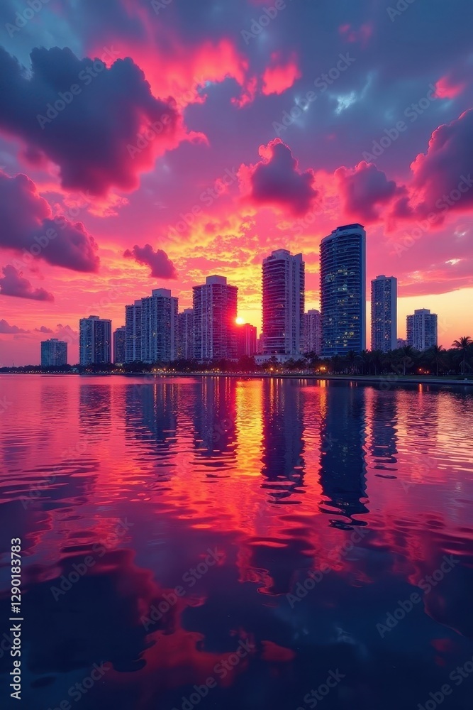 Fototapeta premium Miami sunset skyline, vibrant colors reflected in Biscayne Bay , shadow, colorful