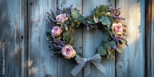 A heart-shaped wreath made of lavender, roses, and eucalyptus leaves, tied together with a delicate silver 