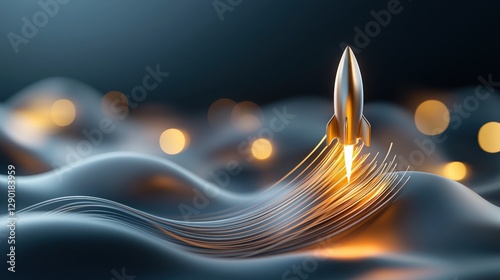 A golden rocket launching from a wavy, futuristic landscape with glowing lights in the background.